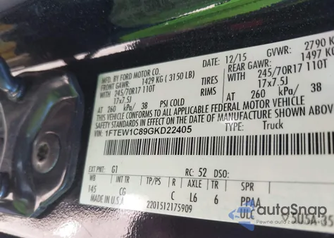 2016 Ford F-150 Xl из США, поврежденный, VIN 1FTEW1C89GKD22405